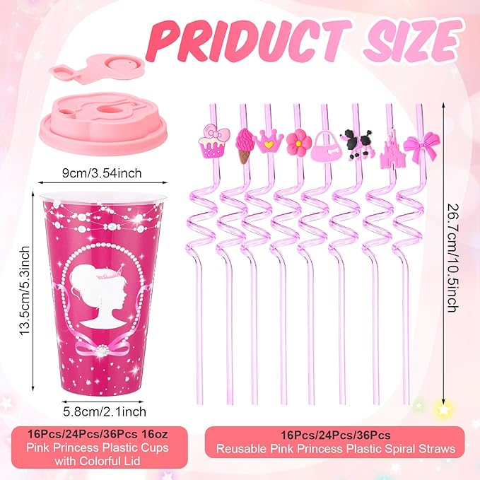 Yungyan 24 Sets Hot Pink Girl Party Favors Goodie Cups with Lids and Straws for Birthday Decorations Reusable 16oz Plastic Candy Cups Plastic Straws for Birthday Party (Pink Princess)