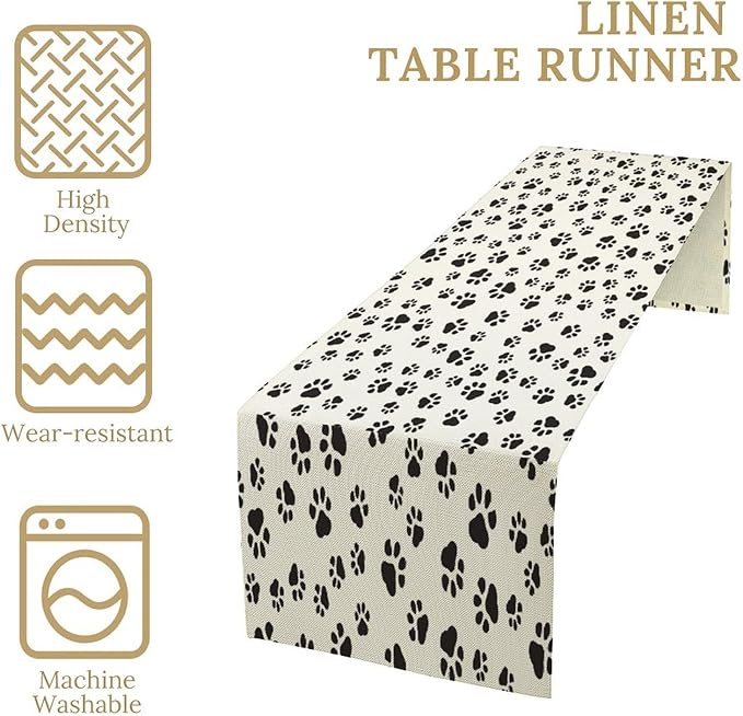 Dog Paws Table Runner,Cartoon Cute Black White Animal Footprints Abstract Tablecloth Burlap for Hotel Indoors Outdoor Dining Room Kitchen Home Decor,W13X L70 in