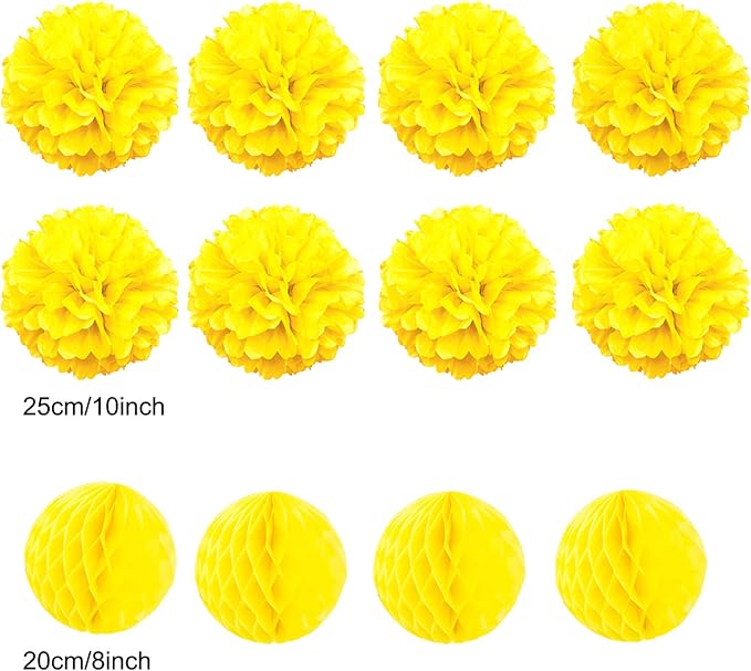 Hanging Paper Fan Set, Tissue Paper Pom Poms Flower Fan and Honeycomb Balls for Birthday Baby Shower Wedding Festival Decorations - Yellow