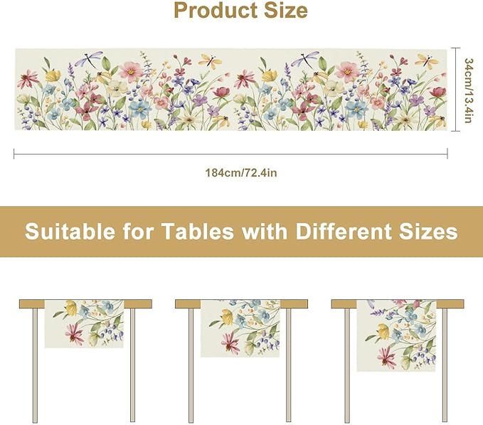Watercolor Floral Table Runner, Colorful Spring Summer Nature Flower Dragonfly Pattern Print Table Runner for Kitchen Dinning Table Runner Decor Home Wedding Party Holiday, 13x36 Inch