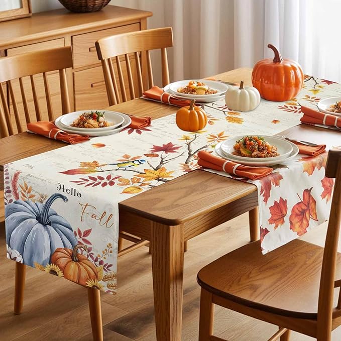 Thanksgiving Fall Cotton Linen Table Runner for Dining Kitchen, Blue Pumpkins Rustic Wedding Outdoor Party Autumn Tablerunners Decoration, Leaves Dresser Scarf Coffee Tablecloth Runners 13x120 Inches