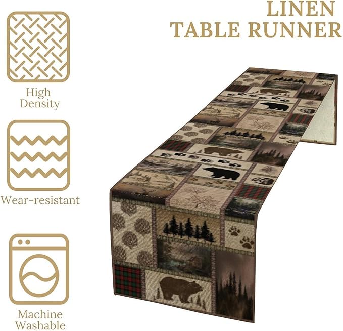 Retro Rusticd Cabin Table Runner Bear Country Farmhouse Vintage Lodge Table Runner for Party Dinner Festival Bedroom Living Room Kitchen 13x70 Inch
