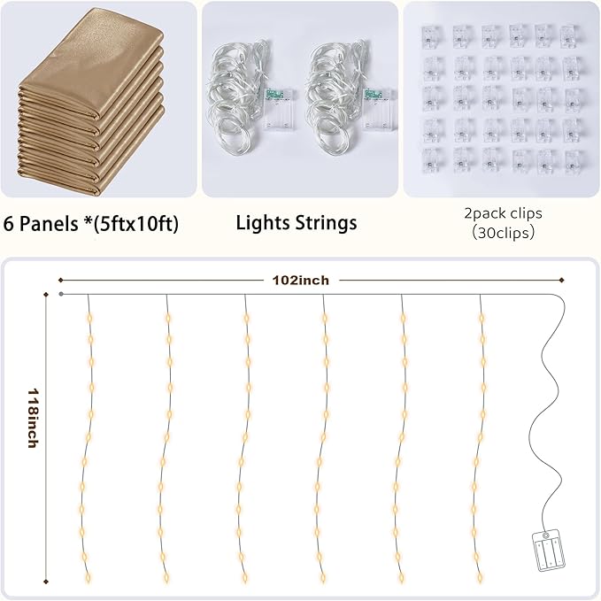 30x10 ft Champagne Sequin Backdrop Curtain with Lights for Parties, Wrinkle Free Glitter Photo Backdrop Drapes Shimmer Back Drop Cloth with Light Strings for Wedding Birthday Photography Background