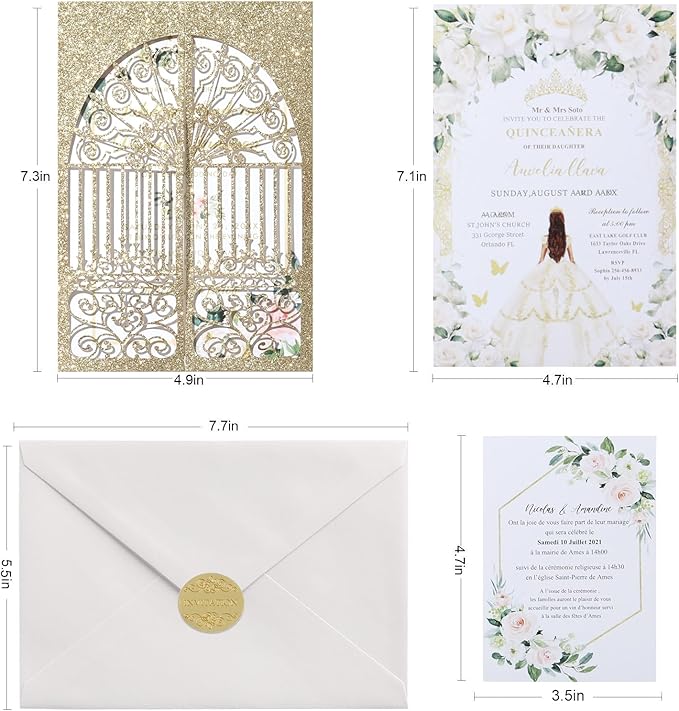 25Pcs Light Gold Glitter Laser Cut Wedding Invitation Kits with Envelopes and RSVP Cards Personalized Invitations for Sweet 16 Baby Bridal Shower Engagement Quinceanera Invite