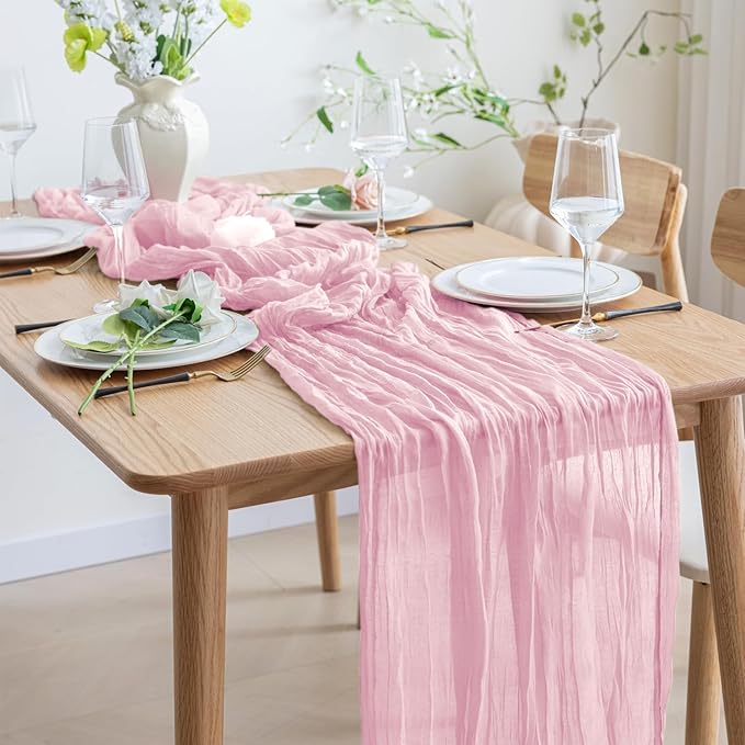 Asee'm 6pcs Cheesecloth Table Runner 120 Inches Blushing Pink Boho Gauze Cheese Cloth Runner 10FT Rustic Sheer Table Runners for Summer Wedding Baby Shower Holiday Party Decoration