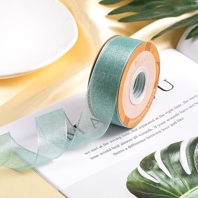 1 Inch Wide Sheer Chiffon Ribbon - Pearl Silk Woven Ribbon Suitable for Gift Wrapping, Wedding Decor, Home Decor, Girl Hair Accessories Handmade DIY (25 Yards/roll) (Light Dark Green)