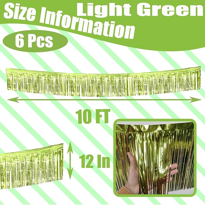 6 Pack 10 Feet Foil Fringe Garland Metallic Tinsel Streamers Banner Wall Hanging Backdrop Banner for Parade Floats, Thanksgiving, Christmas, Birthday, Halloween Party Decorations(Light Green)