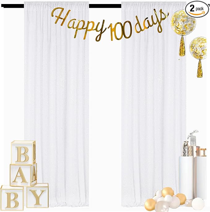 ShinyBeauty 2-Pack Sparkling Sequin Backdrop 4x7FT - Premium White Photography Background for Weddings, Parties, Studio Decor | Wrinkle-Resistant & Reusable Shimmer Curtains (Backgrounds Collection)