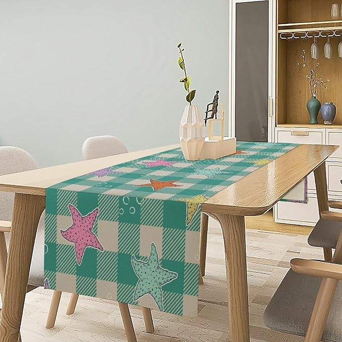 Starfish Plaid Table Flag Green Plaid and Marine Life Starfish Kitchen Table Flag Suitable for Birthday Party Restaurant Decoration Outdoor Picnic 13 * 120 Inch