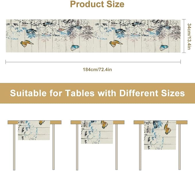 Nature Dandelion Table Runner,Rustic Floral Wood Plank Butterfly Girl Women Pattern Print Burlap Tablecloth for Hotel Indoors Outdoor Dining Room Kitchen Table Decor, 13x80in