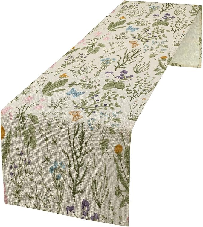 Floral Botanical Table Runner, Garden Spring Flower Botanical Butterfly Animal for Restaurant, Kitchen, Wedding, Party Rectangular Table Runner Decoration,13in（33cm） W * 108in（274cm） L
