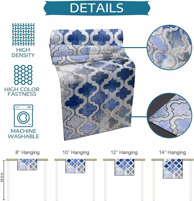 Blue Morocco Plaid Cotton Linen Table Runner for Dining Kitchen, Wedding Outdoor Party Tablerunners Decoration, Distressed Abstract Painted Vintage Dresser Scarf Coffee Tablecloth Runners 13x60 Inches