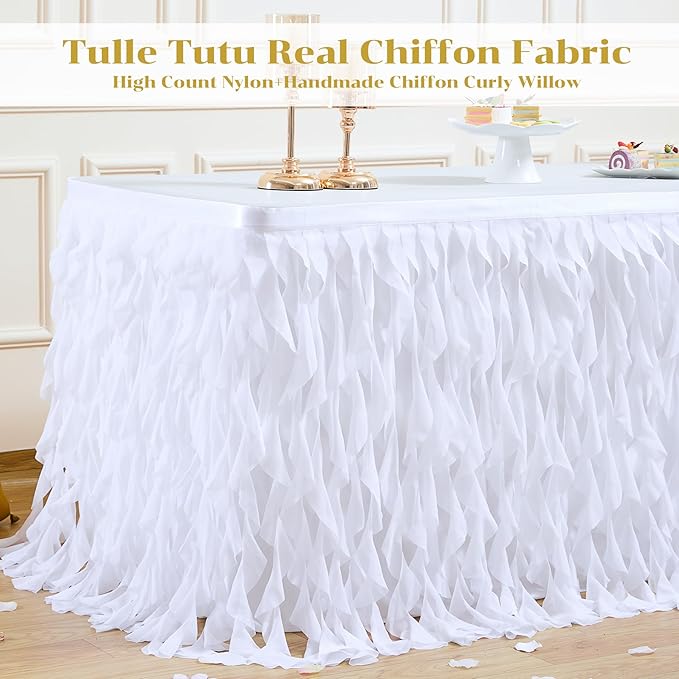 Partisky White Tulle Curly Willow Table Skirt for Rectangle Table 9ft, Ruffle Tutu Table Cloth for Wedding,Bridal Shower, Baby Shower,Birthday Party
