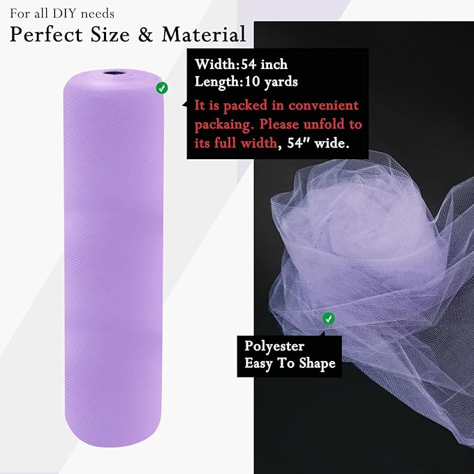 Lavender Tulle Fabric Rolls 54 Inch by 10 Yards Fabric Tulle Bolt for Wedding Decorations DIY Tutu Baby Shower Table Skirt Birthday Party Craft Supplies