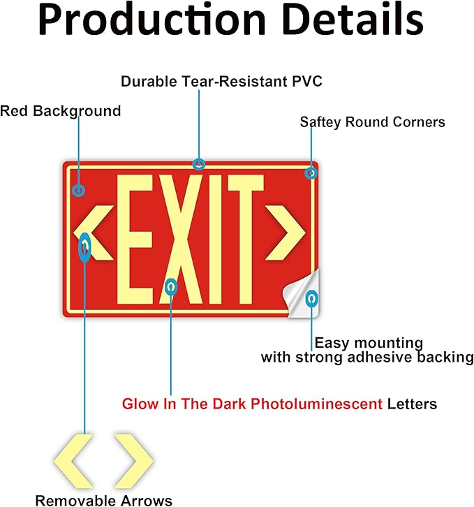 2Pack Photoluminescent Exit Sign Sticker, Glow In The Dark EXIT Signs, 12"x 7" EXIT Signs with Self-Adhesive Backing, Includes 4pcs Removable Arrows