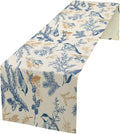 Chinoiserie Flowers Table Runner, Seasonal Spring Fall Plants Blue Florals Birds Dinner Runner for Home Kitchen Dining Table Party Holiday Decoration 13"x70"