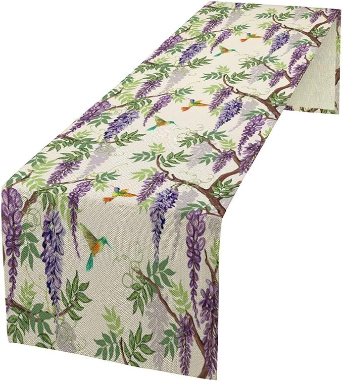 Vintage Bird Flower Table Runner Seasonal Spring Purple Wisteria Garden Plants Lavender Florals Farmhouse Country Kitchen Dinner Runner Dining Table Decoration for Home Party Holiday 13"x120"