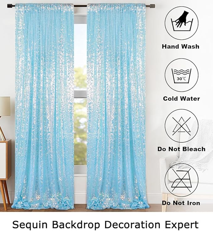 ShinyBeauty Iridescent Aqua Sequin Backdrop Curtain 5FTx10FT 2 Panels Photo Backdrops Blue Backdrop 10FT Sequin Fabric Curtains Christmas Studio Birthday Party Backgrounds