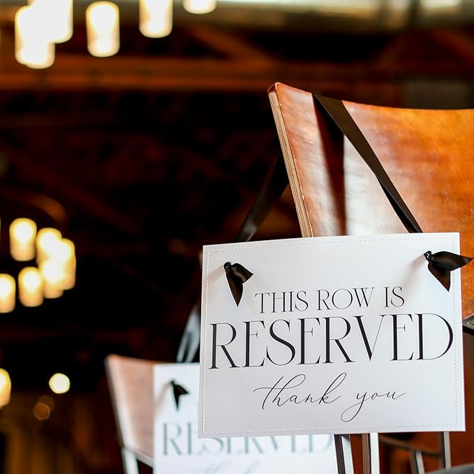 Ritzy Rose Set of 2 Reserved Row Sign for Wedding Ceremony Chairs or Events - Thick Paper Banner for Seating - White Linen Cardstock with Black Font and Black Satin Ribbon - 11x8.5 inches