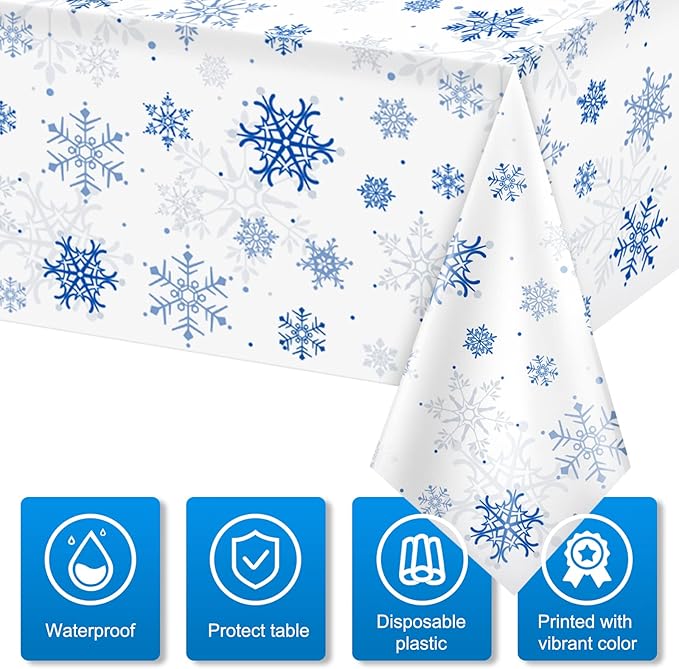 1 Pieces Snowflake Christmas Party Tablecloth Decorations,Plastic White Snowflake White Blue Xmas Backdrop Sign Table Cover Banner for Winter Christmas Holiday Party Supplies,54x108 inch（White/Blue）