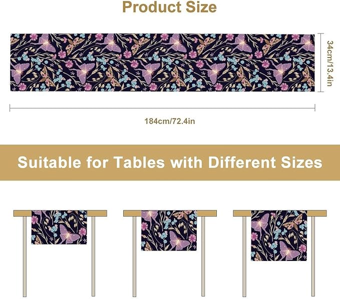 Moth Table Runner, Boho Aesthetic Moth Magic Table Runner for Home Kitchen Dining Party Indoor Outdoor Decoration 13x120 Inch