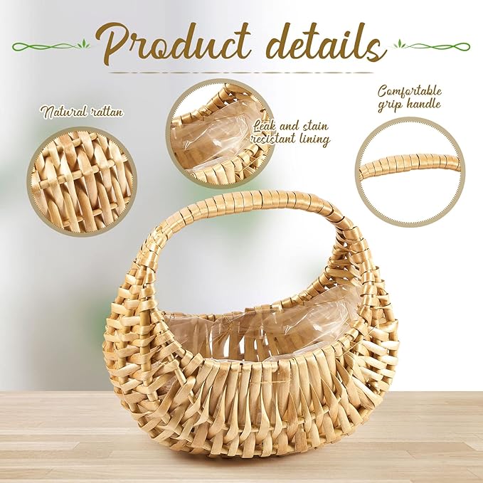 Taiyin 3 Pack Rattan Flower Girl Basket Small Half Moon Straw Wicker Basket with Handle Ideal for Wedding Flower Girl,Picnic,Garden Storage and Home Decor (Nature)