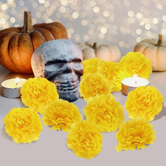 30 Pcs Artificial Marigold Flowers,3.54" Silk Marigold Flower Heads with Stems,Yellow Flowers Artificial for Diwali Decor,Indian Wedding,Home,DIY Wreath Garland,Day of The Dead Decorations