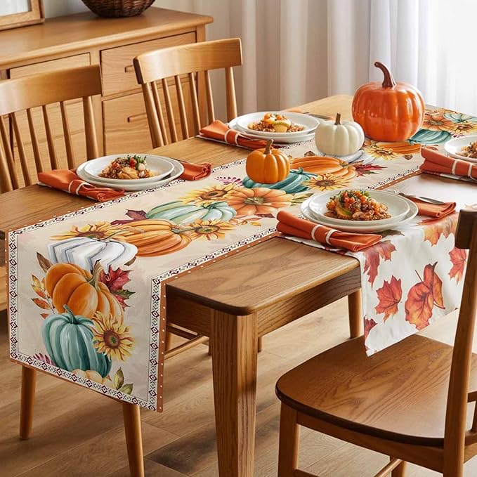 Fall Thanksgiving Southwest Cotton Linen Table Runner for Dining Kitchen, Orange Pumpkins Wedding Outdoor Party Rustic Tablerunners Decoration, Sunflower Dresser Scarf Tablecloth Runners 13x72 Inches
