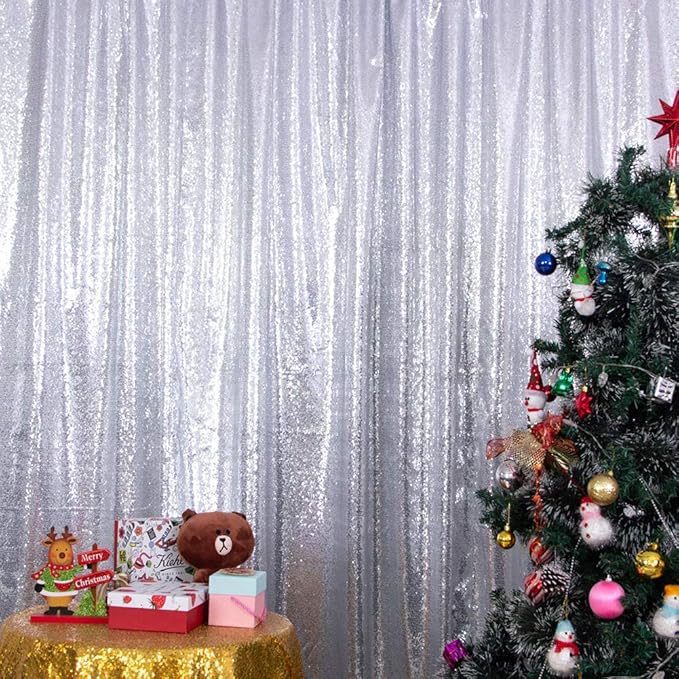SquarePie Sequin Backdrop Curtain Not See Through Opaque Satin Photography Background for Wedding Patry 5FT x 7FT Silver