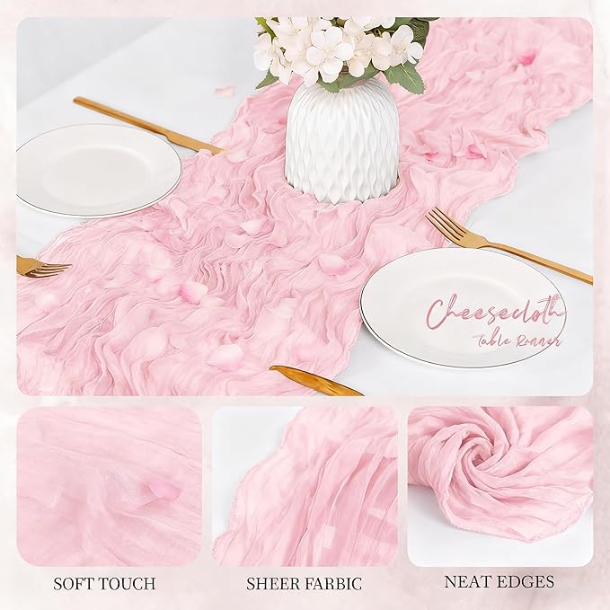 6 Pack Light Pink Cheesecloth Table Runner 23x120 inch Rustic Boho Gauze Table Runner 10 FT Long Sheer Cheese Cloth Fabric Table Runners for Romantic Wedding Bridal Shower Birthday Party Decor