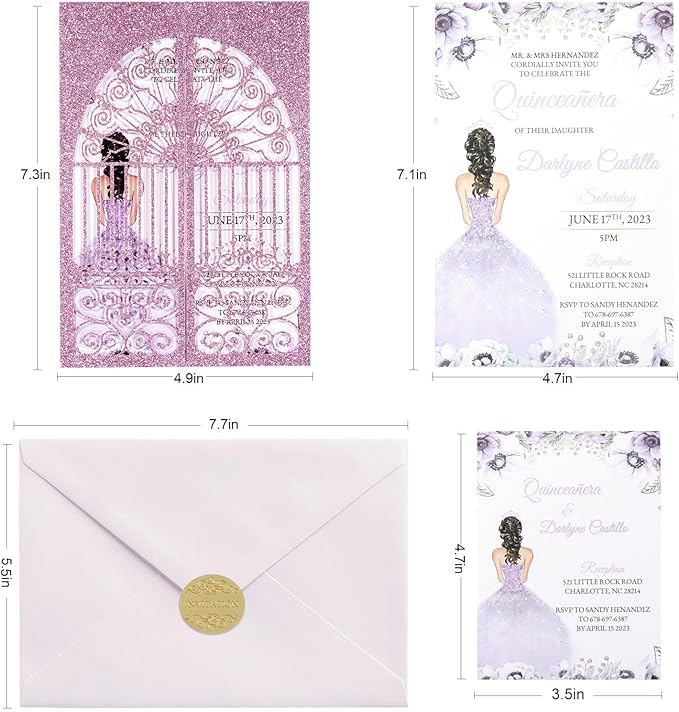 Personalized Wedding Invitations with Envelopes and RSVP Cards Blank 25pcs Light Purple Glitter Laser Cut Invitation Pockets for Wedding Bridal Shower Birthday Quinceañera Anniversary