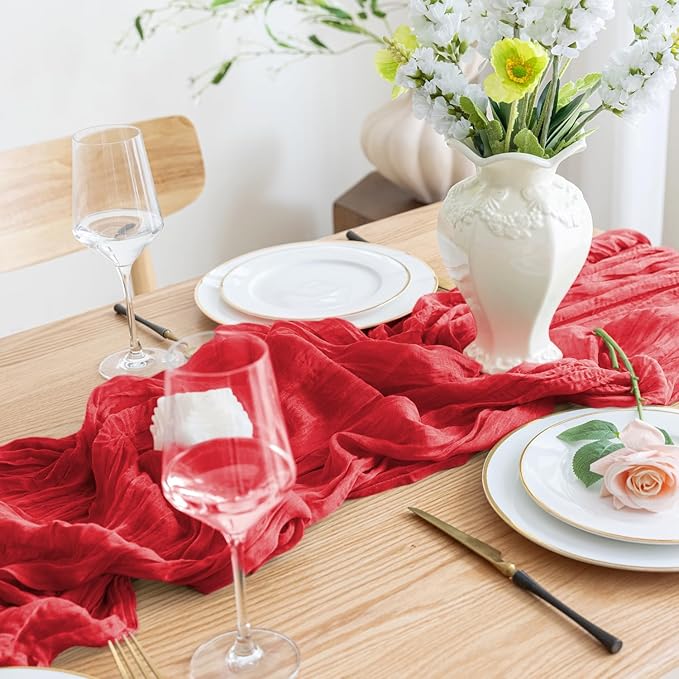 Asee'm 12PCS Fall Table Runner Cheesecloth 10FT Red Boho Gauze Fabric Rustic Sheer Cheese Cloth Runners for Thanksgiving Christmas Wedding Bridal Shower Party
