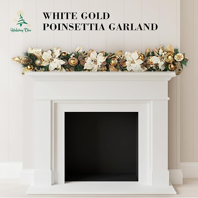 Holiday Tree White Gold Poinsettia Garland 5 Ft – Luxurious Christmas Garland with Metallic Accents, Festive Home Décor for Mantels, Doors & Tables