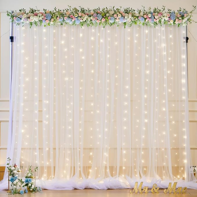 White Tulle Backdrop Curtain with Lights String, 10ft x 10ft for Weddings Baby Showers Birthday Parties, Sheer Wrinkle Free Backdrop, Easy to Install Photo Booth Background Decorations
