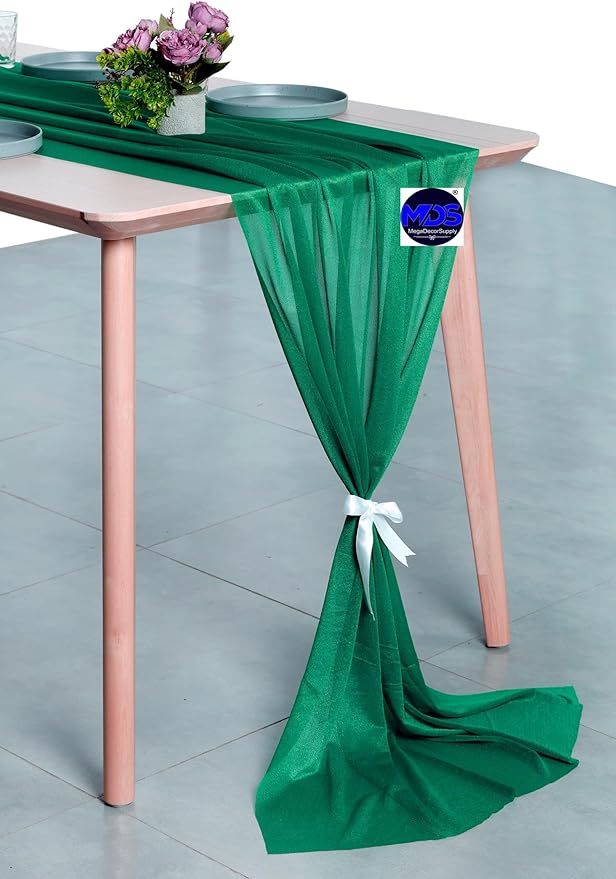 MDS 20 Pack 10ft Chiffon Table Runner 29 x 120 Inches Sheer Wedding Runner Romantic Rustic Table Runner for Wedding Decorations, Birthday Parties, Bridal Shower Party Arch Decor - Emerald Green