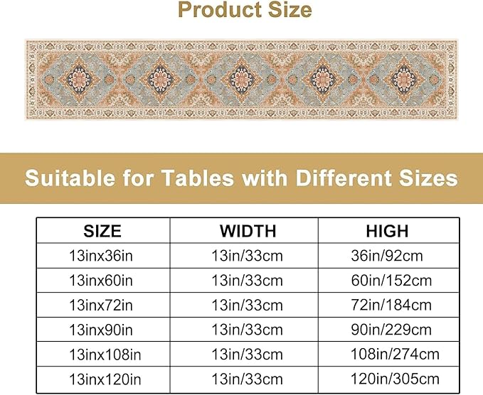Vintage Boho Floral Table Runner, Rustic Country Farmhouse Grey Blue Orange Bohemia Flower Pattern for Home Kitchen Table Decor Dining Coffee Room Party Decor 13x108in