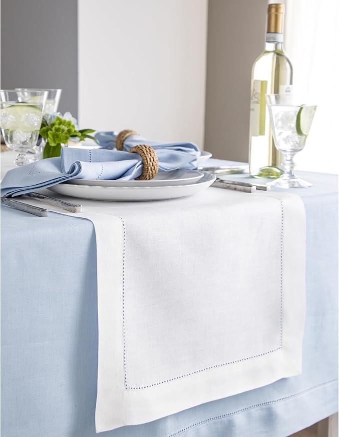 Solino Home Linen White Table Runner 72 Inches Long - 100% Pure Linen Hemstitch Table Runner 14 x 72 Inch for Dresser, Dining, Fall, Autumn, Halloween, Thanksgiving, Holiday - Classic Hemstitch