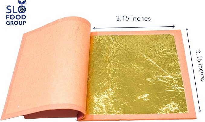 Slofoodgroup - 24 Karat Edible Gold Leaf Loose Sheets - 10 Sheets Gold Leaf Per Book - Gold Leaf Sheet Size 3.15in x 3.15in Loose Leaf Sheets - Edible Decoration, Crafting, Art and More