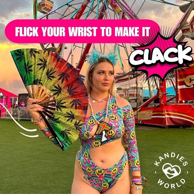 Kandies World UV Reactive Custom Festival Folding Hand Fan - Unique Designs, Made of Bamboo, Clacking Sound, Lightweight - Perfect Rave and Festival Accessory!