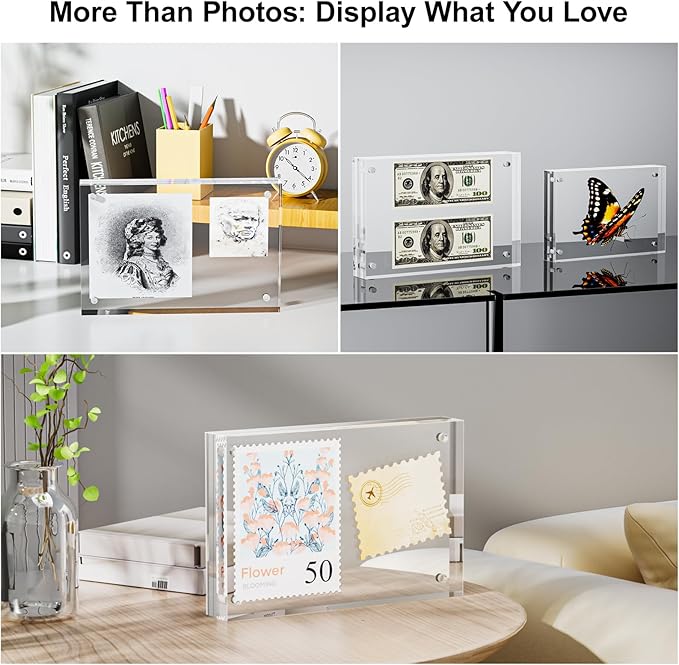 3 Pack 8x10 Acrylic Picture Frames - 20% Thicker Double Sided Magnetic Frame with UV Protection - Freestanding Clear Frameless Display for Tabletops - Modern Photo Frame Set for Home & Office Decor