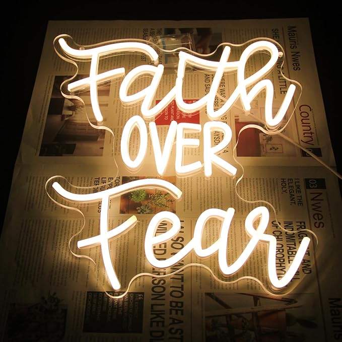 Faith Over Fear Neon Sign Jesus Neon Light Christian LED Signs for Wall Dimmable Warm White Letters Neon Lights Signs for Bedroom Man Cave Classroom Church Decor Christian Religious Sayings