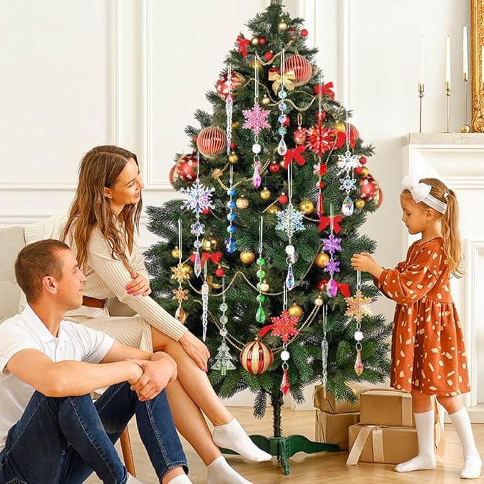 Lanpn 26 Pcs Christmas Ornaments Crystal Christmas Tree Decoration, Hanging Clear Acrylic Snowflake Icicle Drop Pendants for Xmas Winter Outdoor Indoor Party Decoration Pink