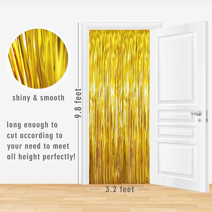 GOER 3.2 ft x 9.8 ft Metallic Tinsel Foil Fringe Curtains,Party Streamer Backdrop for Birthday,Graduation Decorations and New Year Eve (2 Pcs,Gold)