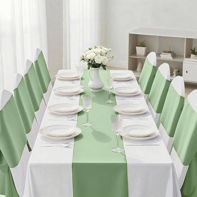 10 Pack Sage Green Satin Table Runner 12x108 Inches Long, Bright Silky Smooth Satin Table Runner Table Decor for Wedding Banquet Christmas Prom Event Birthday Party