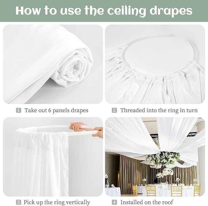 6 Panels White Ceiling Drapes 5ftx20ft Extra Long Wedding Ceiling Drapes Chiffon Fabric Arch Draping Sheer Curtains Soft Drapery Draping Wedding Ceiling Decorations for Party Ceremony Stage Swag