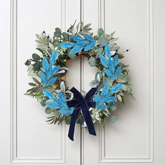 GREENTIME 12 Pack Artificial Blue Glitter Leaves 13" Fake Christmas Picks Decorative Glitter Sticks for Vase Christmas Tree DIY Wreath Crafts Fireplace Decor
