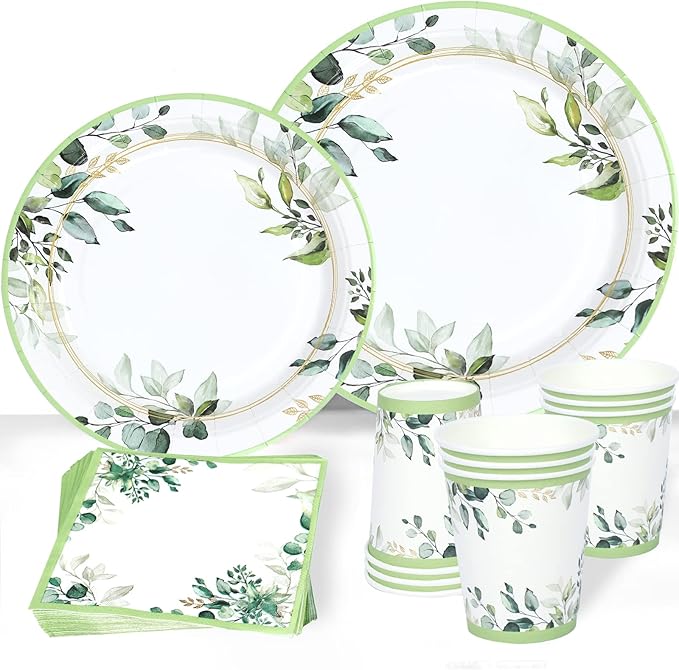 Green Party Plates Supplies, Sage Green Paper Eucalyptus Leaf Plates and Napkins, Disposable Tableware, Cups, Napkins for Jungle Boho Party,Baby Shower, Bridal Shower, Birthday Supplies Serve 24