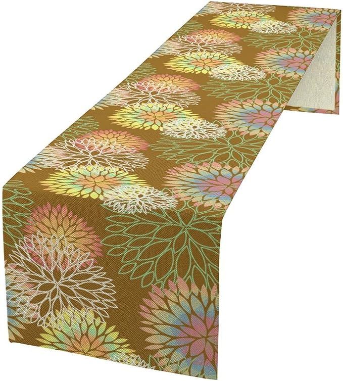 Brown Grey Dahlia Flower Table Runner, Linen Geometric Pattern Floral Table Decor Spring Farmhouse Decorations for Kitchen Dining Holiday Party Decor, 13x36 Inch