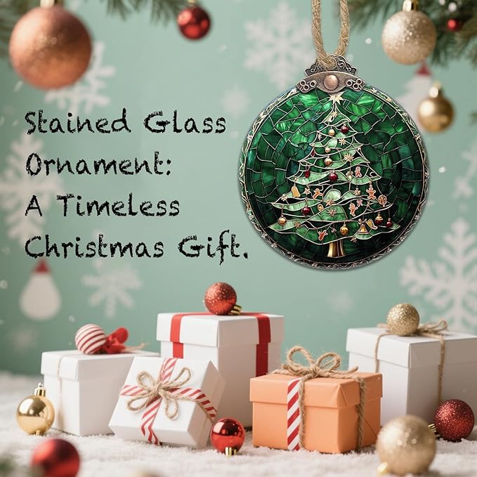 Stained Glass Christmas Decorations, Small Bell Pendant Suncatcher for Window Christmas Tree Hanging Ornaments Retro Green Sun Catcher Xmas Decor Gifts for Women Men Mom Nana Friend