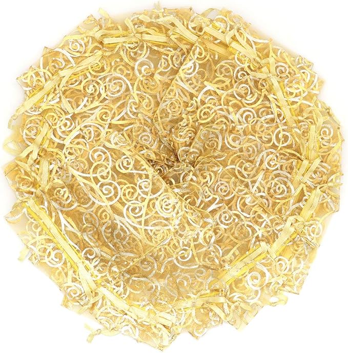 Staruby Organza Gift Bag 100Pcs Gold Sheer Organza Bag Mesh Favor Bags Drawstring Jewelry Rattan Printed Gift Pouches for Wedding Party Favors Couple Shower Christmas Gifts Candy Bags (3x4 Inches)